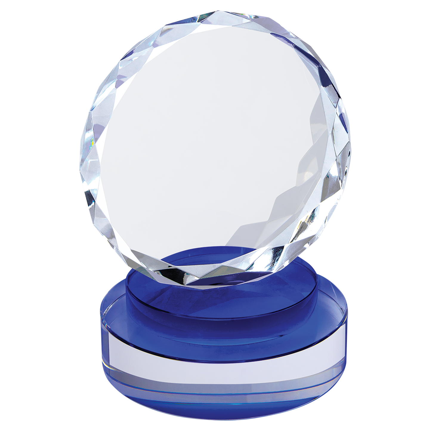 5" Round Facet Crystal on Blue & Clear Round Base Corporate Awards - Premium Crystal Awards