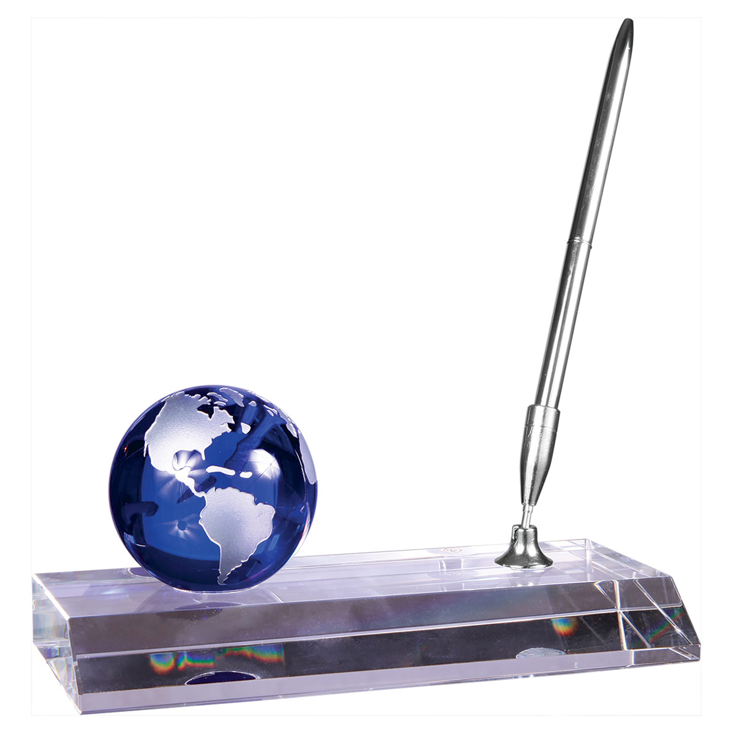 7" x 3" Blue Crystal Globe with Base and Pen Corporate Awards - Premier Crystal Awards - Globe