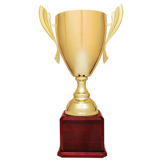 22" Gold Completed Metal Cup Trophy on Rosewood Royal Piano Finish Base Trophy Cups- Completed Cup