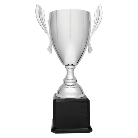 22" Silver Completed Metal Cup Trophy on Black Royal Piano Finish Base Trophy Cups- Completed Cup
