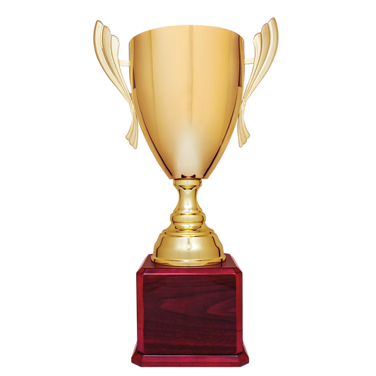 24 3/4" Gold Completed Metal Cup Trophy on Rosewood Royal Piano Finish Base Trophy Cups- Completed Cup