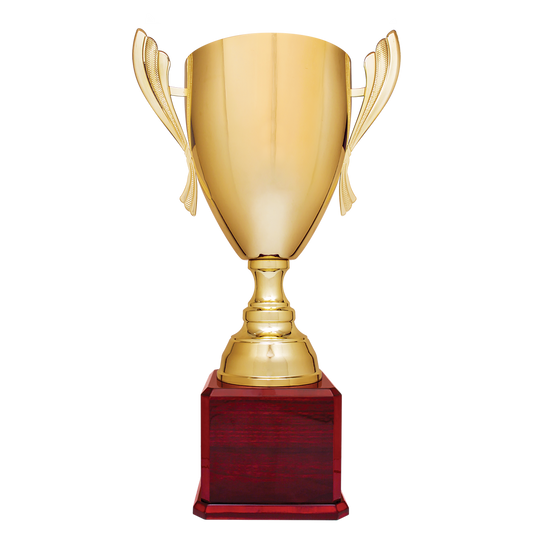 26 1/2" Gold Completed Metal Cup Trophy on Rosewood Royal Piano Finish Base  Trophy Cups- Completed Cup