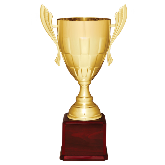 22" Gold Weave Completed Metal Cup Trophy on Rosewood Royal Piano Finish Base Trophy Cups- Completed Cup