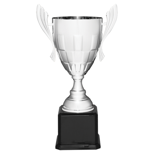 22" Silver Weave Completed Metal Cup Trophy on Black Royal Piano Finish Base  Trophy Cups- Completed Cup
