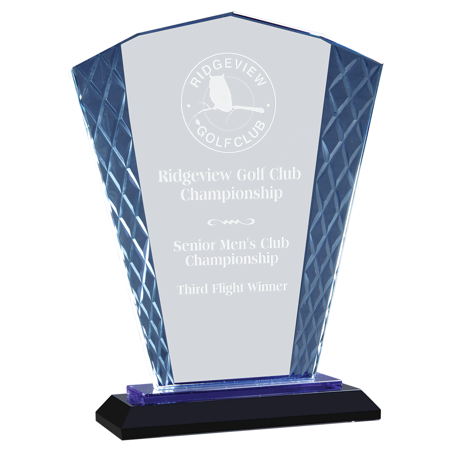 48" Fan Accent Glass on Blue & Black Base Corporate Awards - Glass Awards