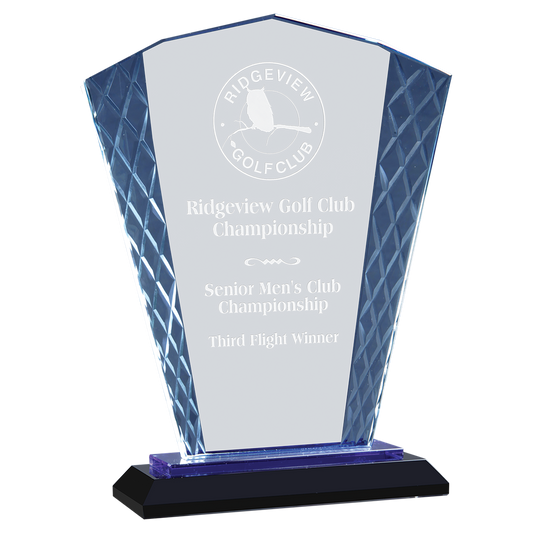 48" Fan Accent Glass on Blue & Black Base Corporate Awards - Glass Awards
