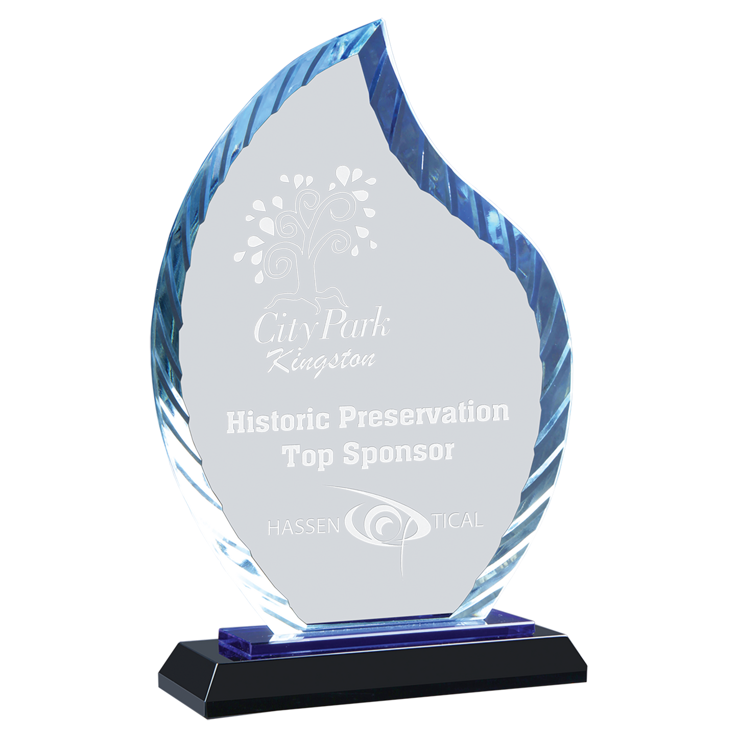 8" Flame Accent Glass on Blue & Black Base Corporate Awards - Glass Awards