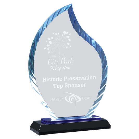8" Flame Accent Glass on Blue & Black Base Corporate Awards - Glass Awards