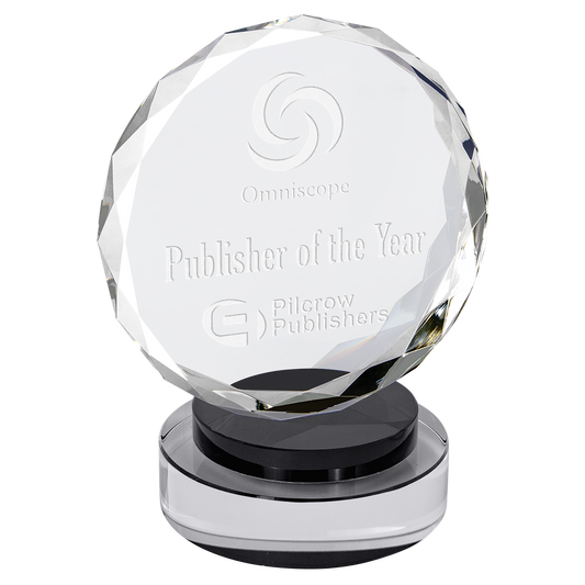 6" Round Facet Crystal on Black & Clear Round Base Corporate Awards - Premium Crystal Awards