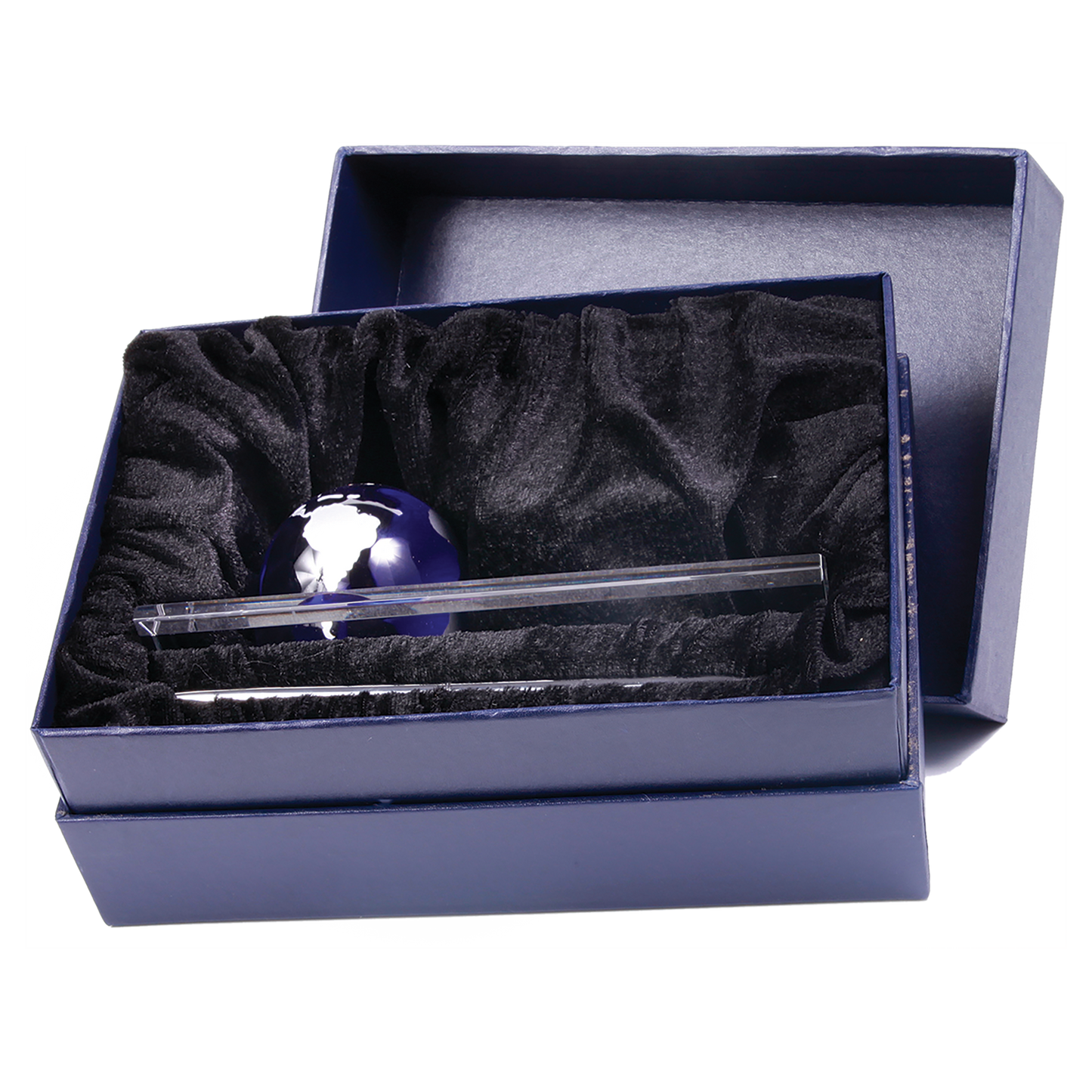 7" x 3" Blue Crystal Globe with Base and Pen Corporate Awards - Premier Crystal Awards - Globe