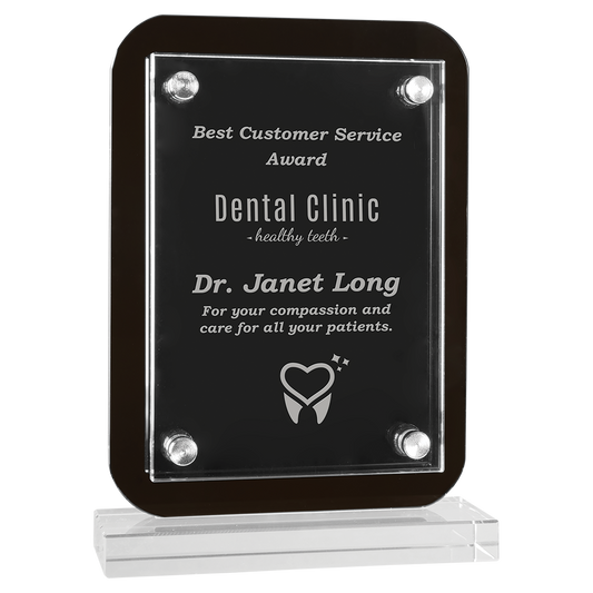 5 1/2" x 7 3/4" Black Floating Glass Standup Plaque Corporate Award -  Glass Awards