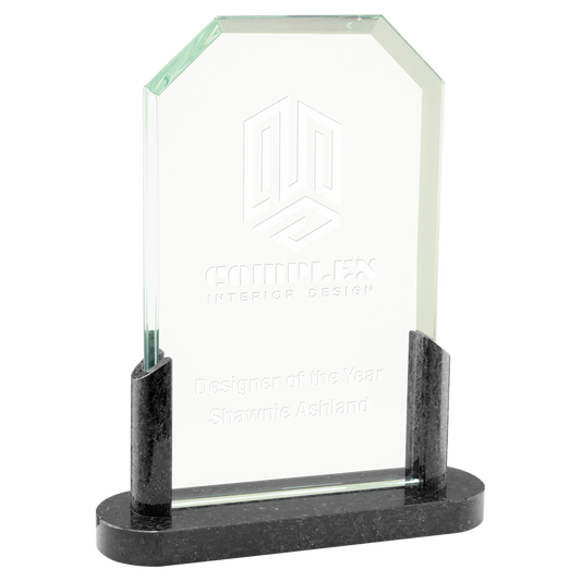 7 3/4" Clipped Corners Glass with Black Marble Base Corporate Awards - Glass Awards
